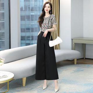 Mock Two-piece Short-sleeve Floral Print Wide Leg Jumpsuit