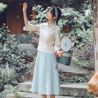Set: Embroidered 3/4 Sleeve Frog Button Stand Collar Top + Plain Skirt