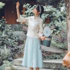 Set: Embroidered 3/4 Sleeve Frog Button Stand Collar Top + Plain Skirt