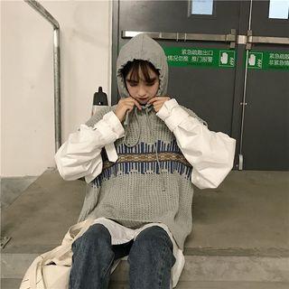 Hooded Puff-sleeve Long-hem Shirt / Patterned Sweater Vest