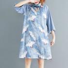 3/4-sleeve Crane Print Shift Dress Light Blue - One Size