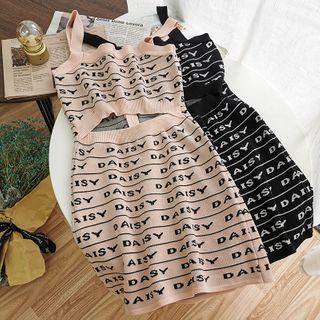 Wide Strap Lettering Cutout Knit Mini Bodycon Dress