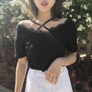 Lace Trim Cross Strap Short Sleeve T-shirt