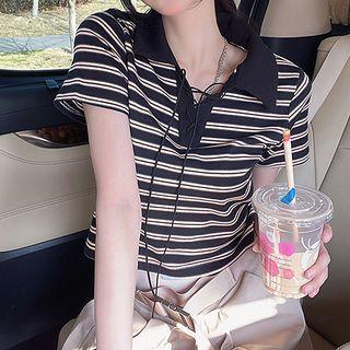 Striped Lace-up Polo Shirt