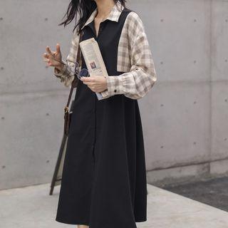 Long-sleeve Mock Two-piece Plaid Midi Shirtdress Black - One Size