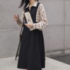 Long-sleeve Mock Two-piece Plaid Midi Shirtdress Black - One Size