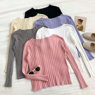 Plain Crewneck Long-sleeve Rib-knit Top