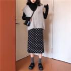 Cable-knit Vest / Long-sleeve Turtleneck Knit Top / Midi Polka Dot Skirt