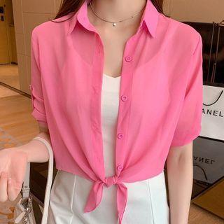 Tie-hem Chiffon Cropped Blouse