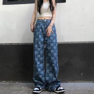 Checkerboard Pattern Wide-leg Jeans