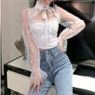 Set: Long-sleeve Cutout Lace Blouse + Mesh Skirt