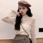 Mock-neck Long-sleeve Lace Top Almond - One Size