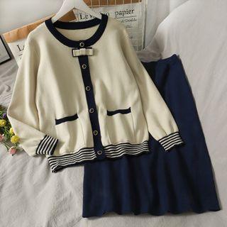 Set: Colorblock Loose-fit Cardigan + High-waist Midi Skirt Blue - One Size