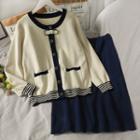 Set: Colorblock Loose-fit Cardigan + High-waist Midi Skirt Blue - One Size