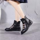 Block Heel Cutout Genuine Leather Short Boots