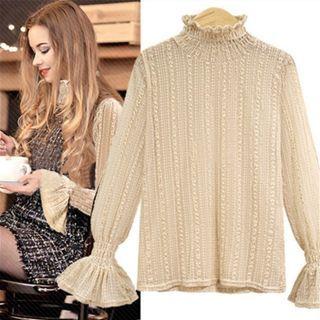 Mock-neck Plain Ruffle Pleated Blouse