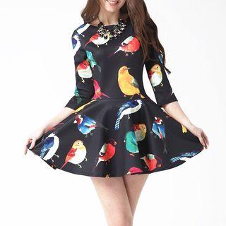 Bird Print 3/4 Sleeve A-line Dress