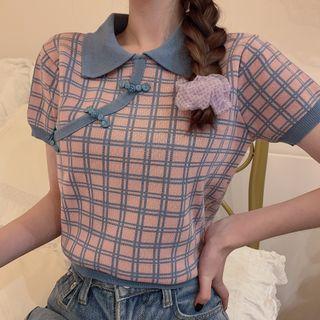 Short-sleeve Plaid Frog Buttoned Polo Knit Top