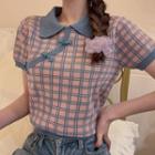 Short-sleeve Plaid Frog Buttoned Polo Knit Top