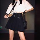 Grommet Belt Mini A-line Pleated Skirt