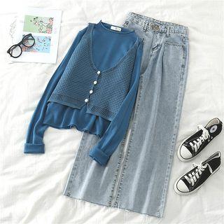 Plain Long-sleeve Top / Camisole Top / High-waist Loose-fit Jeans