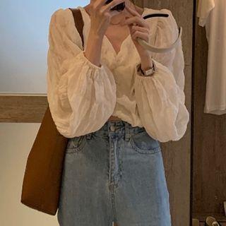 Long-sleeve V-neck Smocked Slim Fit Blouse