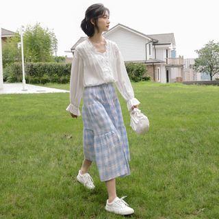 Flared-cuff Blouse / Plaid Midi A-line Skirt / Set