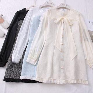 Patchwork Ribbon-neckline Woolen Shirtdress