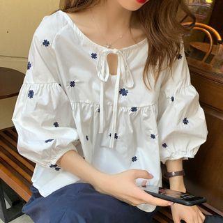 Puff-sleeve Floral Embroidered Blouse / Midi A-line Skirt