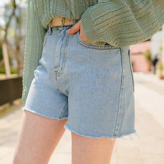 Plus Size High-rise Frayed Denim Shorts