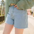 Plus Size High-rise Frayed Denim Shorts