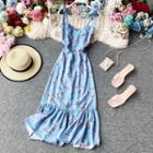 Ruffled Tie-strap Floral Print Chiffon Dress