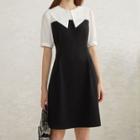 Mock Two-piece Collared Elbow-sleeve Mini A-line Dress