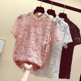 Short-sleeve Mock-neck Lace T-shirt