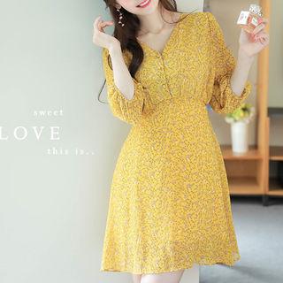 Buttoned Tie-waist Floral Dress