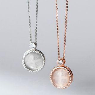 Faux Cat Eye Stone Rhinestone Pendant Sterling Silver Necklace