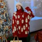 Mock-turtleneck Santa Claus Print Sweater