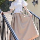 Set: Short-sleeve Frog-button Blouse + Midi A-line Skirt