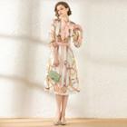 Printed Tie-neck Long-sleeve A-line Midi Dress