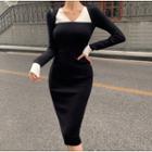 Long-sleeve Two-tone V-neck Bodycon Dress Black - One Size