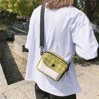 Canvas Plaid Panel Crossbody Bag