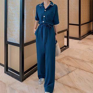 Set: Short-sleeve Contrast Trim Blouse + Wide-leg Pants