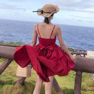 Plain Spaghetti Strap Tiered Mini A-line Dress