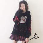 Bear Print Hoodie / Plaid A-line Skirt