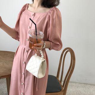 3/4-sleeve Stain Buttoned A-line Midi Dress