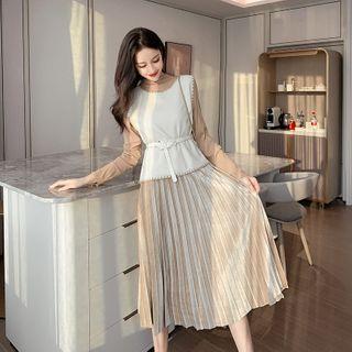Set: Plain Vest + Long Sleeve Pleated A-line Dress