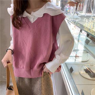 Long-sleeve Blouse / Midi A-line Plaid Skirt / V-neck Vest