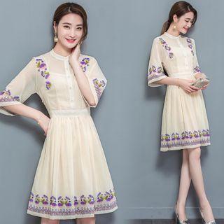 Patterned Elbow-sleeve A-line Dress