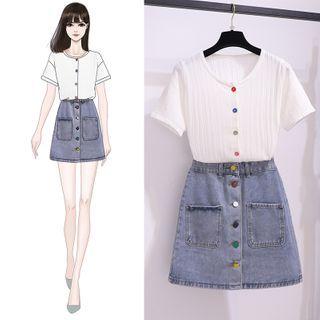 Short-sleeve Ribbed T-shirt / Washed A-line Denim Skirt / Set