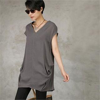 V-neck Cap-sleeve Long Top